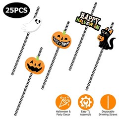 25Pcs 8inch Halloween Party Decor Straws Halloween Theme Disposable Paper Straws