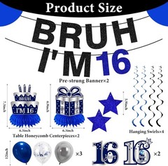 11Pcs 16th Birthday Decorations for Boys Men, Blue Sliver Happy 16th Birthday…