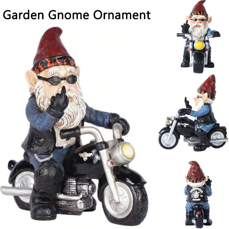 Gnome Riding Motorcycle Middle Finger Statue Funny Biker Garden Decor Lawn Patio
