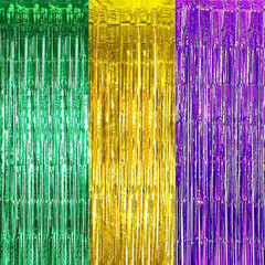 3Pcs Green Gold Purple Tinsel Foil Fringe Curtains Decorations,3.2Ft X 8.3Ft Cur