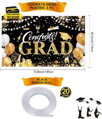 Graduation Banner 2026 Black and Gold – 72.8X43.3 Inch, Congrats Grad Banner for