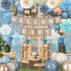 Dusty Blue Baby Shower Decorations- Boy Baby Shower Decor Set with- Welcome Baby