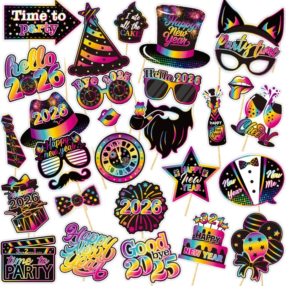 30 PCS Happy New Year Photo Booth Props Eve Selfie Photobooth 2026 Decor NYE
