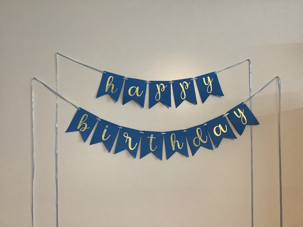 Happy Birthday Banner, Embossed Blue Banner Bunting with Gold Glitter Letters