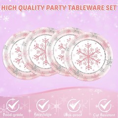 Pink Snowflakes Winter Birthday Disposable Tableware (Plates, Napkins, Forks)