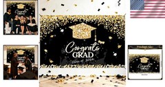 2026 Graduation Decorations Black and Gold Backdrop 71×43 inch for Grad Party