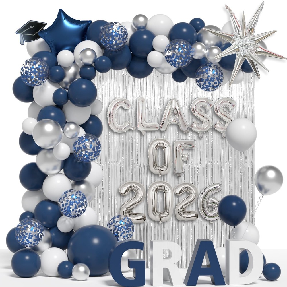 Graduation Balloon Garland Arch Kit – Navy Blue, White & Silver – Class of 2026