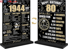 Black Gold 80th Birthday Decorations Back in 1944 Table Sign for Women Men, T…
