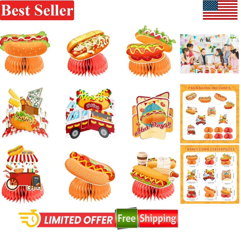 Vibrant Hot Dog Honeycomb Table Toppers – 9 PCs for Birthday Bashes