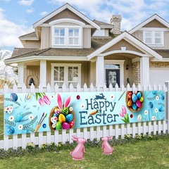 Wuhetyo Happy Easter Banner 120″ x 20″ Outdoor Party Supplies Backdrop Bunny …