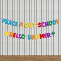 Glittery Peace Out School Hello Summer Banner with Sun Palm Tree Colorful End…