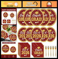 Maroon Gold Graduation Party Supplies 2026 – 200 Pcs Plates, Napkins & Forks for