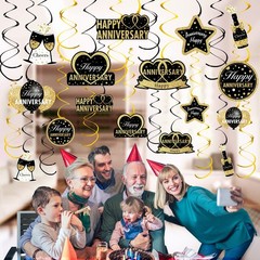 16 PCS Black Gold Happy Wedding Anniversary Hanging Swirls 30th60th Decor