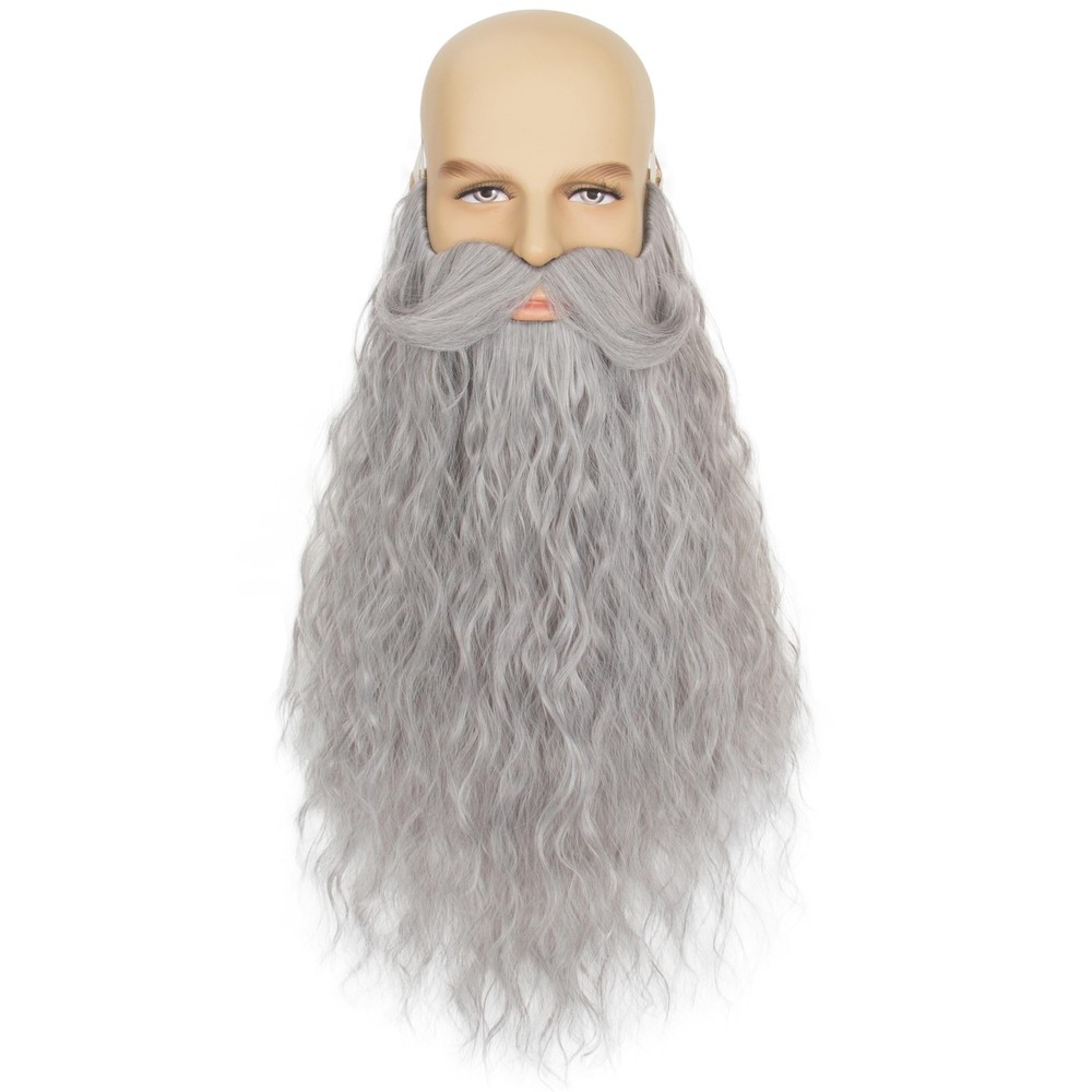 Yan Dream Mens Long Curly Grey Wizard Fake Beard with Upturned Mustache