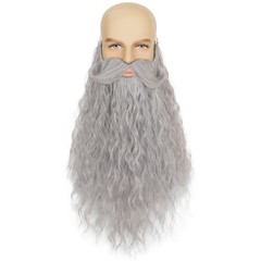 Yan Dream Mens Long Curly Grey Wizard Fake Beard with Upturned Mustache