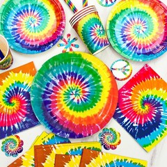 Rainbow Party Decoration Tie Dye Birthday Tableware Balloons Plates Cake Topper