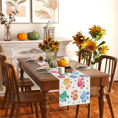 Watercolor Colorful Paw Prints Table Runner Happy Birthday Tablecloth Holiday Pa