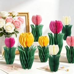 8 PCS Paper Flower Tulip Honeycomb Decor Table Centerpieces Spring Party