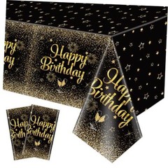 Pack Black Gold Happy Birthday Tablecloths, 51×87» Plastic Disposable 2