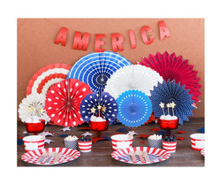 Party Decorations Set – Stars Stripe, Hanging Paper Fans, Pinwheel, Paper Stream