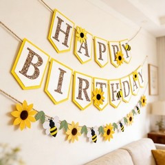 3PC Felt Sunflower Happy Banner,Party Decorations Pre-Strung 3D Sign with Bee…