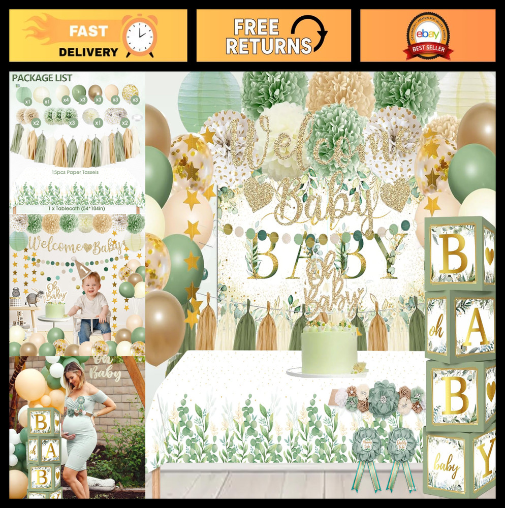 Sage Green Baby Shower Decorations – Gender Neutral Welcome Banner, Balloons & T