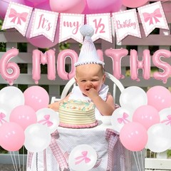Half Decorations – Pink Gingham Banner Bow, Balloons, Cake Topper for Girls 6…