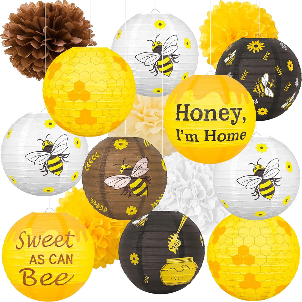 15Pcs Bee Party Decorations Hanging Paper Lanterns Tissue Pom Pom – Bees Themed