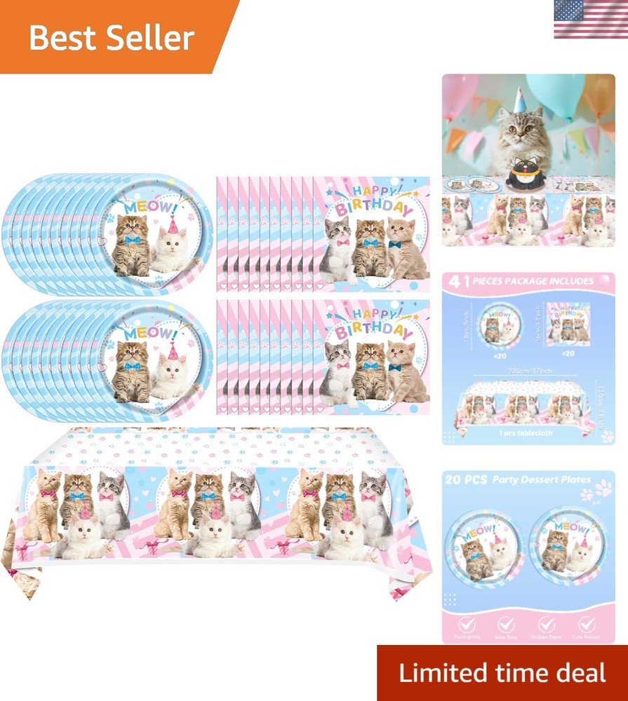 Stylish 41Pcs Cat Birthday Tableware – Perfect for 20 Guests Celebrations