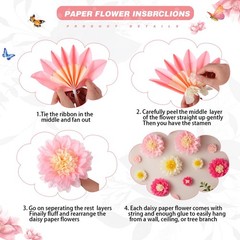 24 PCS Daisy Tissue Paper Pom Poms Party Decorations Hanging Paper Flowers Pink