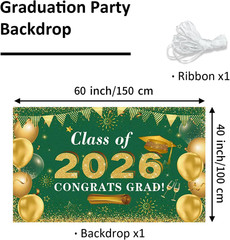 Graduation Decorations Congrats Grad Class of 2026 Backdrop – Green and Gold Gra