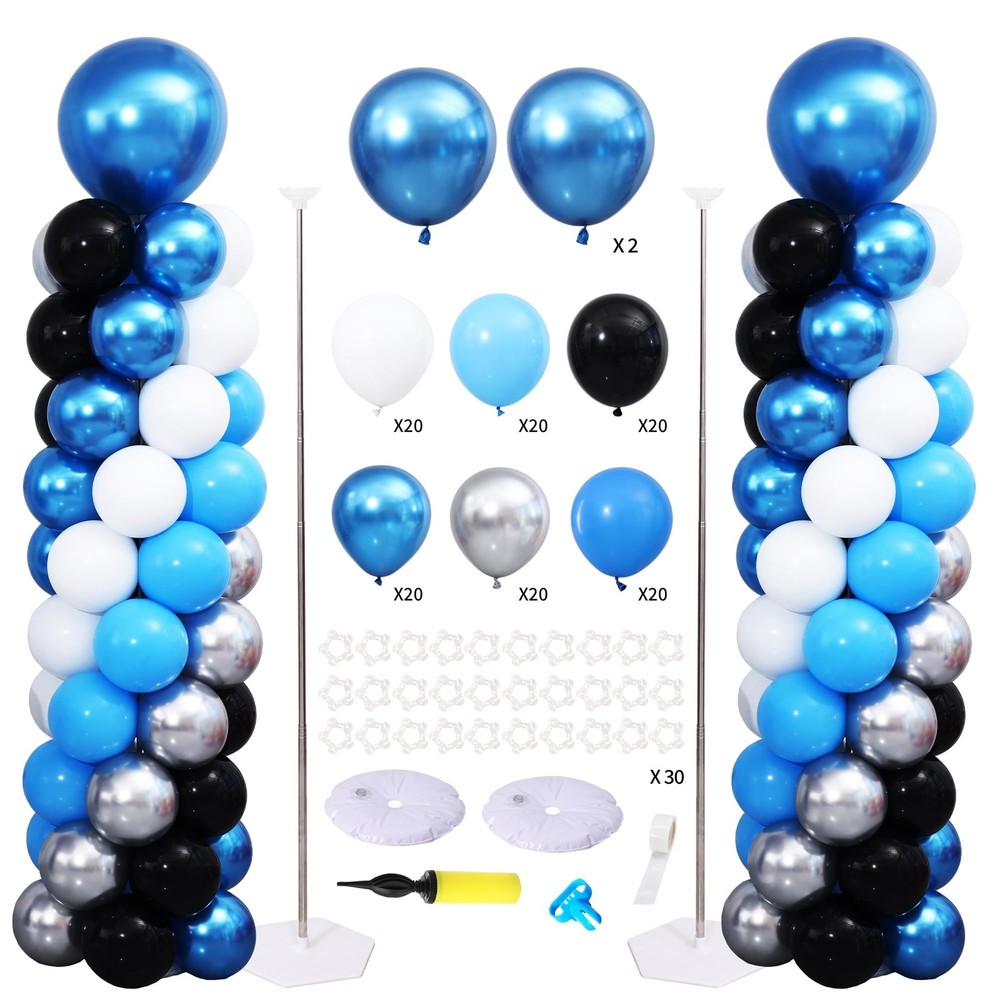 Blue and Silver Black Balloon Column Stand Arch Kit Set of 2 for Floor with 1…