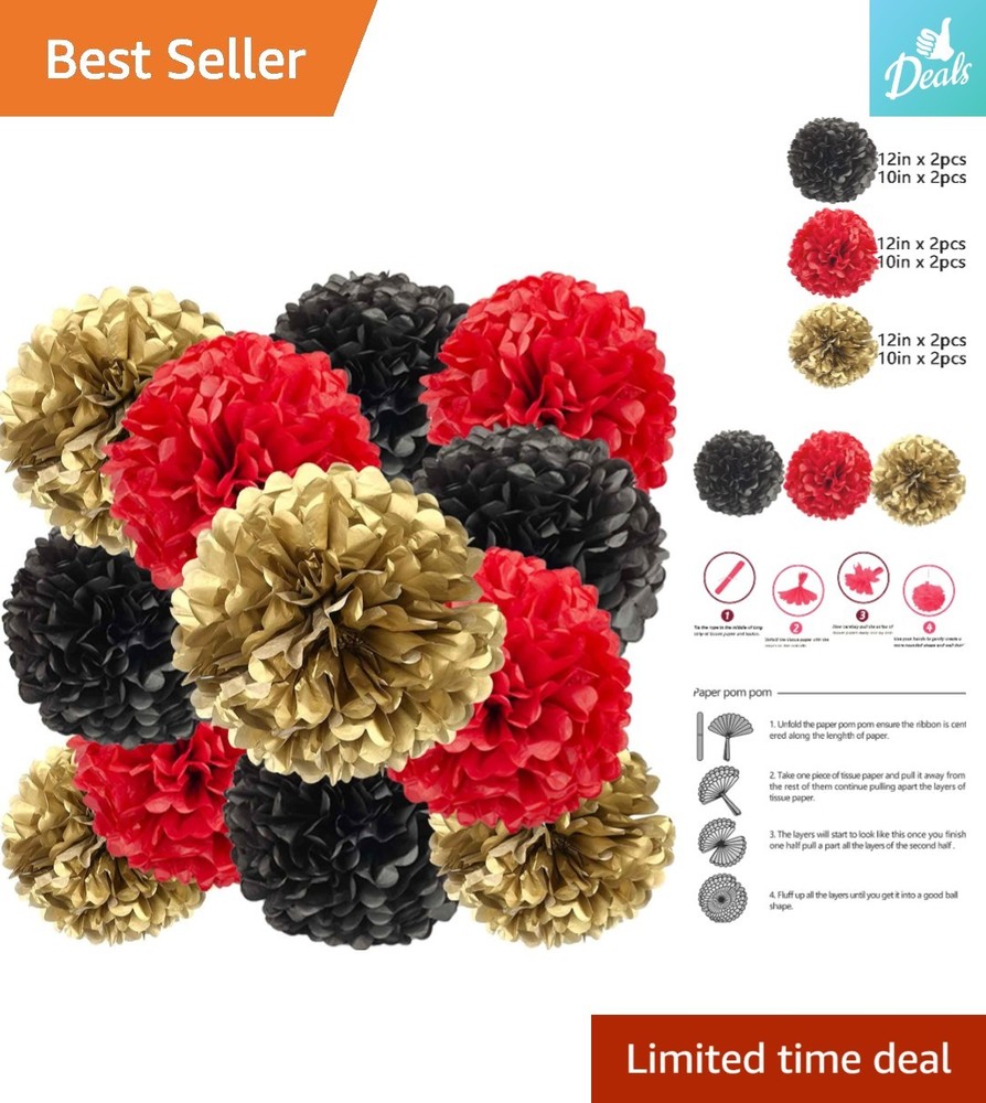 Elegant 12-Piece Black, Red & Gold Paper Pom Poms for Weddings & Celebrations