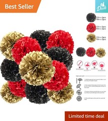 Elegant 12-Piece Black, Red & Gold Paper Pom Poms for Weddings & Celebrations