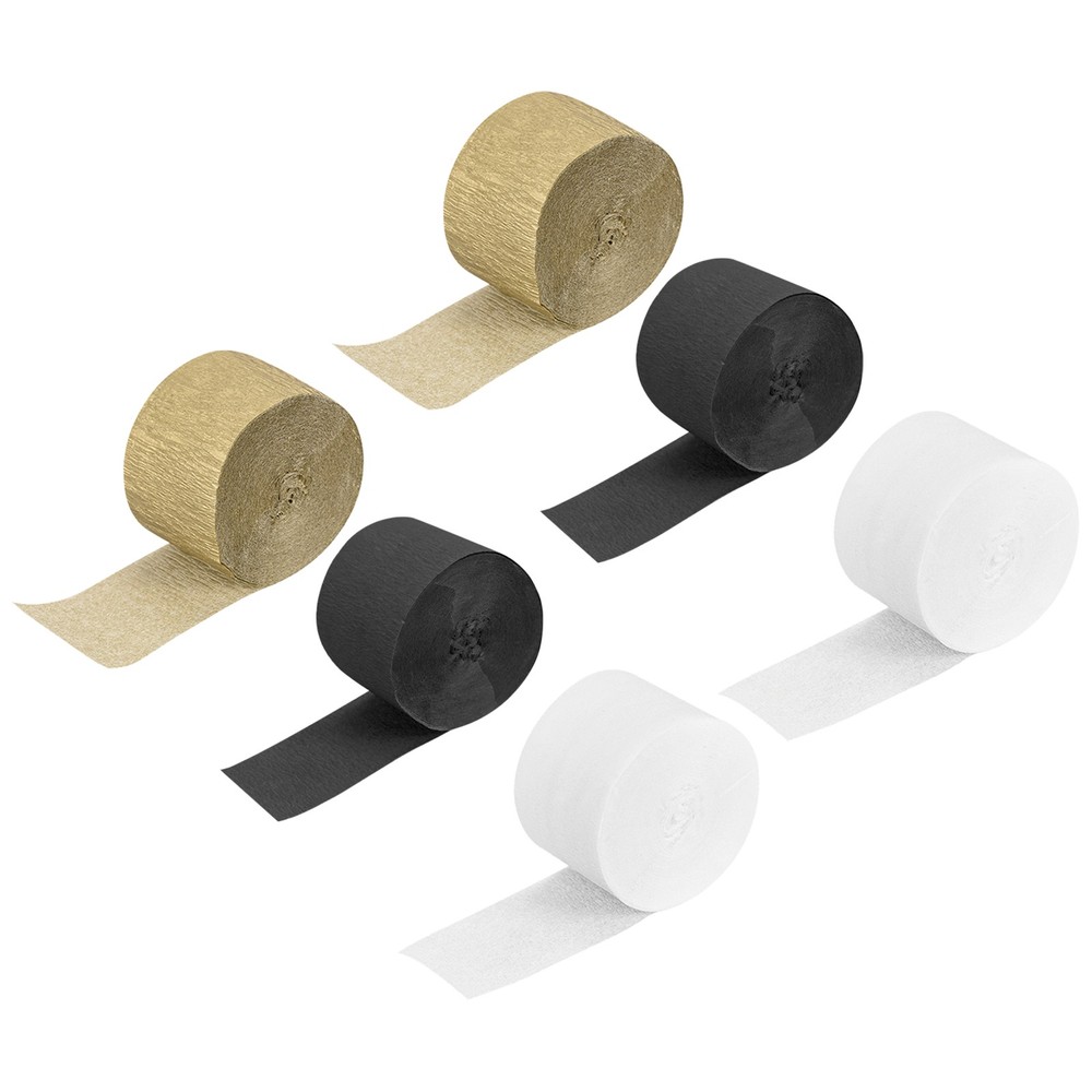 Crepe Paper 2 Inch x 27 Ft, White, Black, Gold, Pack of 6