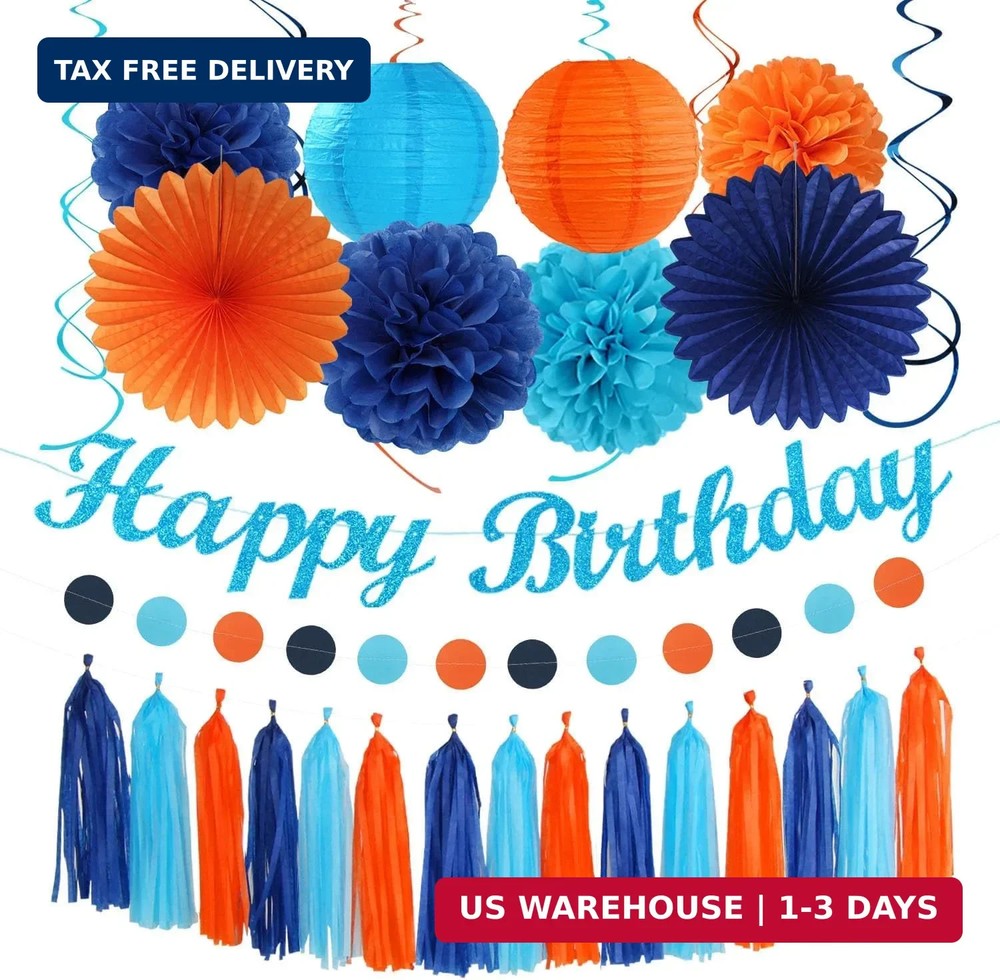 Royal-Light Blue Orange Happy-Birthday Party-Decorations – 31pcs Men Boys Paper