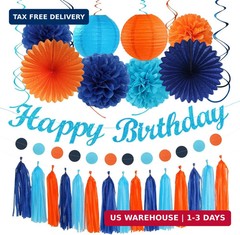 Royal-Light Blue Orange Happy-Birthday Party-Decorations – 31pcs Men Boys Paper