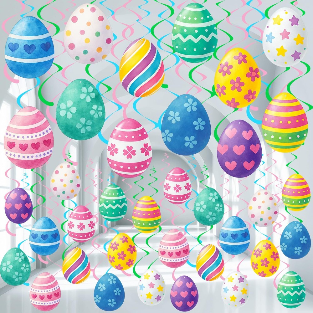 36 PCS Easter Egg Hanging Swirl Ceiling Decorations Foil Colorful Fresh Style