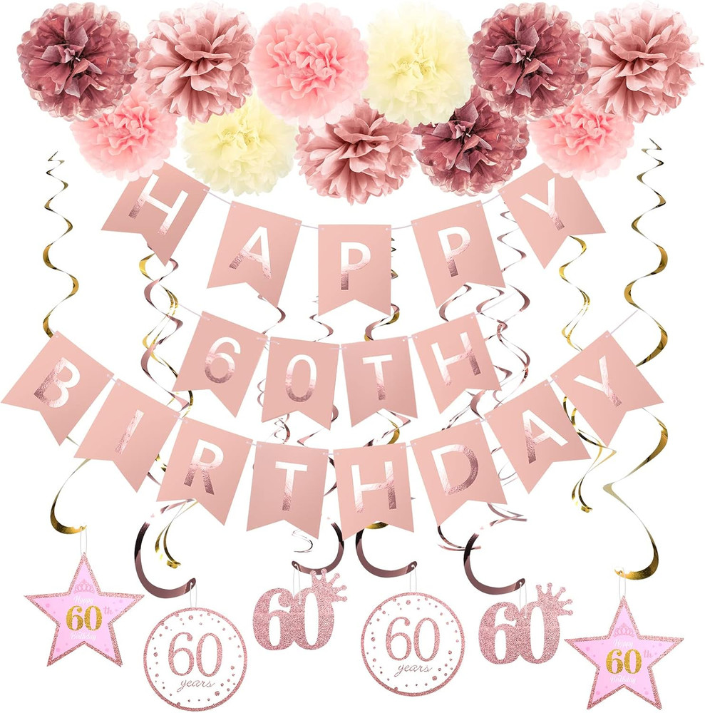 Rose Gold 60Th Birthday Party Decorations, Rose Gold Glittery Happy 60Th Birthda