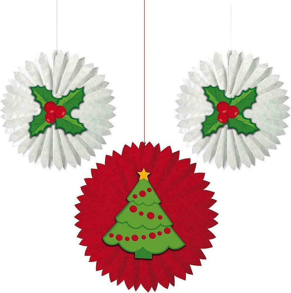 3ct. Christmas Tree Holly Red White Winter Holiday Party Tissue Fan Decorations