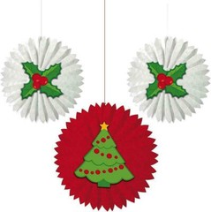 3ct. Christmas Tree Holly Red White Winter Holiday Party Tissue Fan Decorations
