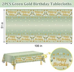 2Pcs Sage Green Birthday Tablecloth Decorations for Women Girls, Light Green Hap