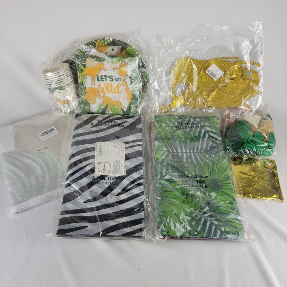 Safari Party Decorations Lot Tablecloths Banner Balloons Plates Lets get Wild