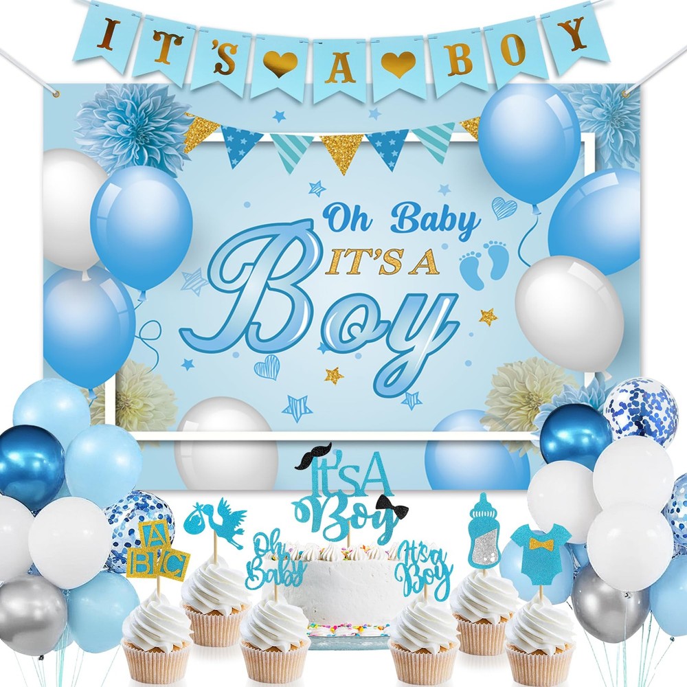 Blue And White Baby Shower Party Decorations For Boy Balloons Backdrop Toppers