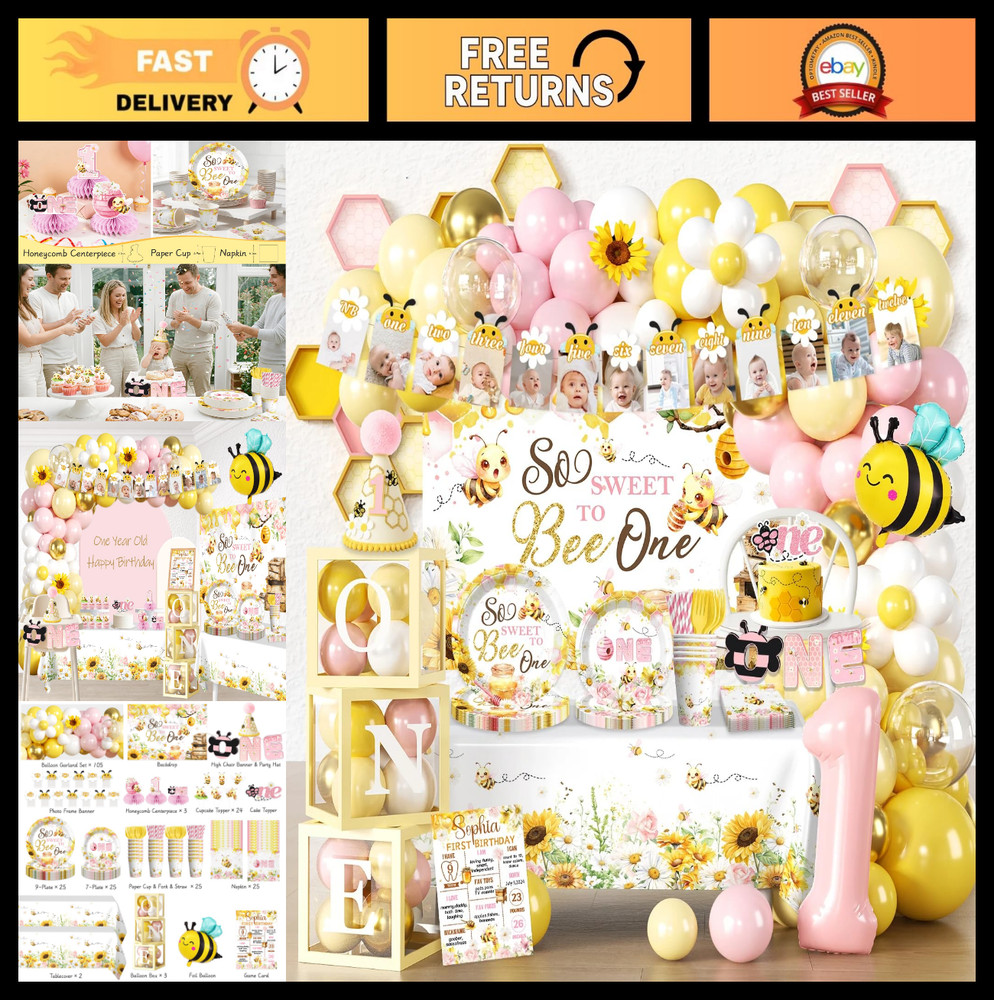 Bee Themed 1st Birthday Decorations – Balloon Arch, Plates, Napkins & Banner