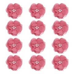 12Pcs 2″ Chiffon Flowers with Rhinestone Pearl Sewing Fabric Flowers Dark Pink