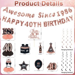12 Pcs 40th Birthday Decorations for Women Her,Black Rose Black and Gold