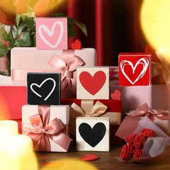 5 PCS Valentine Tiered Tray Decor Double Side Rustic Heart Block Centerpiece