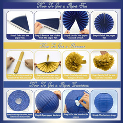 34 Pcs Blue and Gold Party Decorations, Hanging Paper Lanterns Fans Blue gold