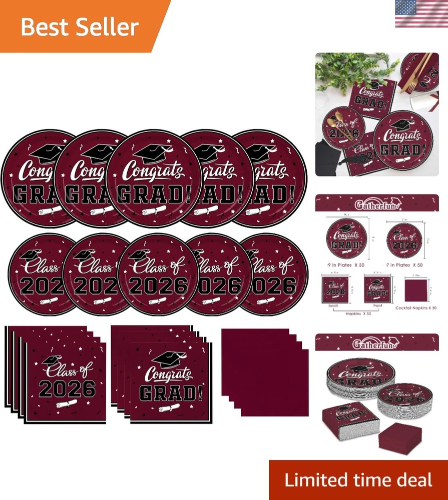 2026 Graduation Party Supplies – Maroon Disposable Plates & Napkins Set for 50